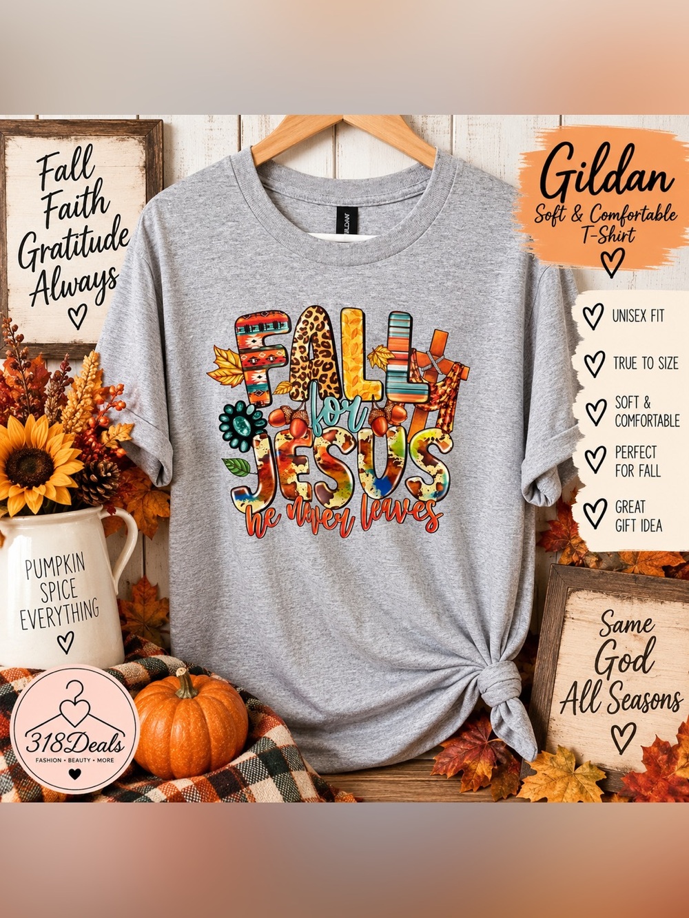 Gildan Heather Gray 'Fall for Jesus' Short Sleeve Tee - Multicolor Graphic